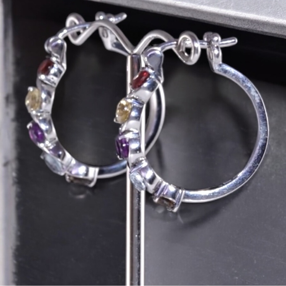 Multi Gemstone 2.60ctw Hoop Silver Earrings in Stainless Steel - Picture 6 of 8